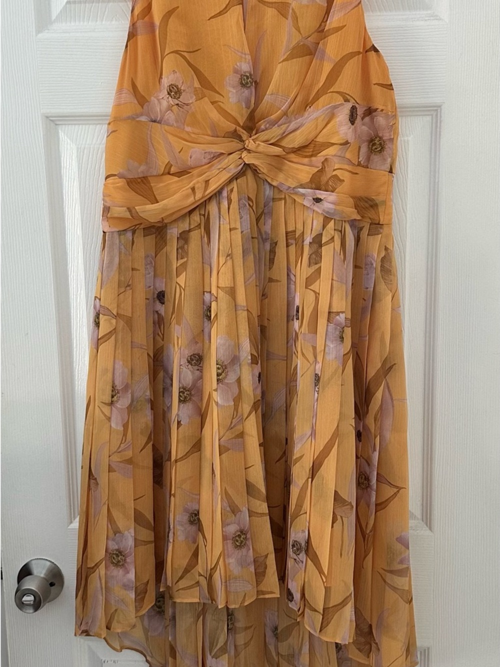 Yellow Floral Twist-Front Pleated Dress